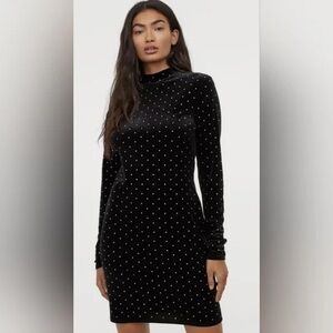 Velour Studded Mock Neck Black Dress